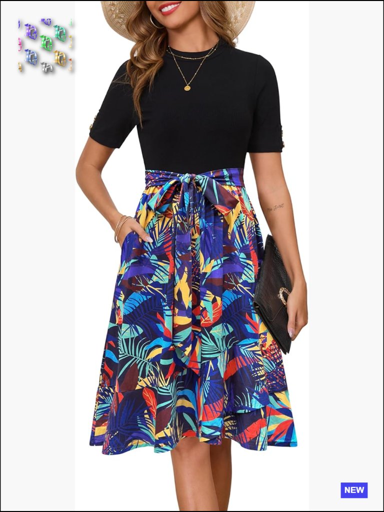 Short Sleeve Midi Dress With Pockets Floral A-Line Work Casual